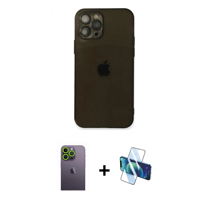 MARSİLYAN™- iPhone 12 Pro Max Kılıf Ahenk Doku - Siyah 3D Antistatik Seramik Nano Ekran Koruyucu + Neon Fosforlu Kamera Lens - YL