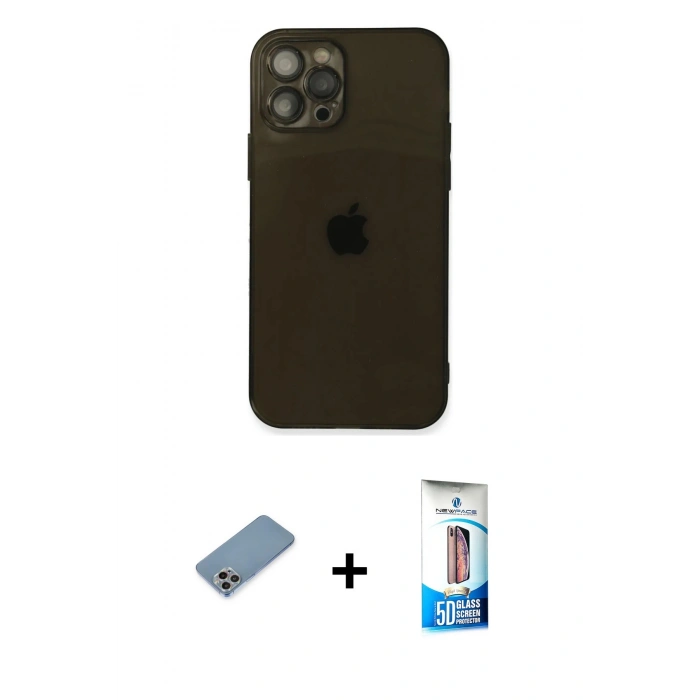 MARSİLYAN™- iPhone 12 Pro Max Kılıf Ahenk Doku - Siyah 5D Eko Cam Ekran Koruyucu + Shine Kamera Lens Koruma Cam - GI