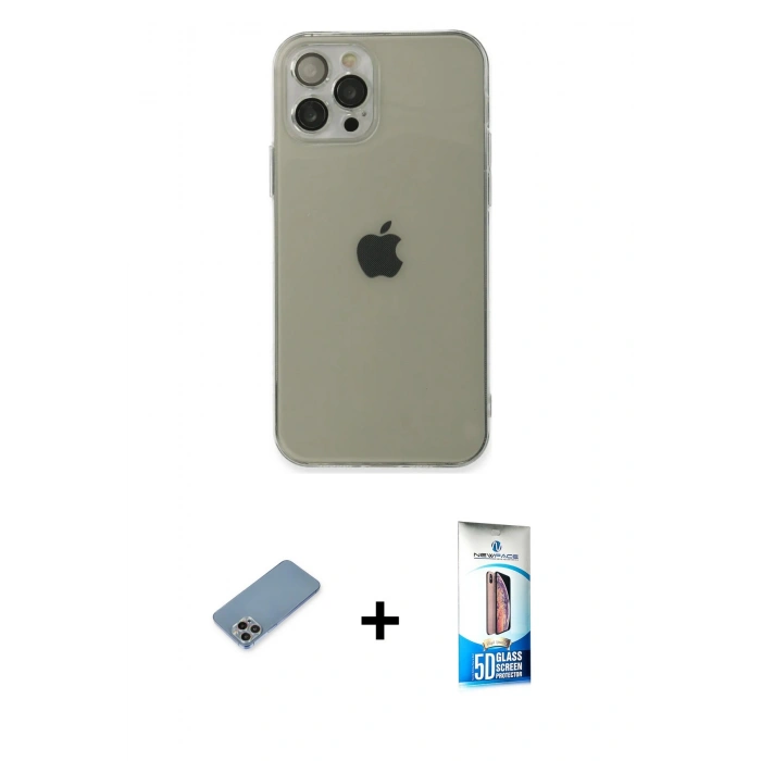 MARSİLYAN™- iPhone 12 Pro Max Kılıf Ahenk Doku - Siyah 5D Eko Cam Ekran Koruyucu + Shine Kamera Lens Koruma Cam - GI