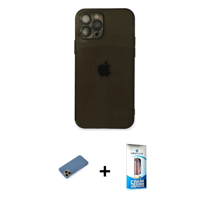 MARSİLYAN™- iPhone 12 Pro Max Kılıf Ahenk Doku - Siyah 5D Eko Cam Ekran Koruyucu + Shine Kamera Lens Koruma Cam - GD