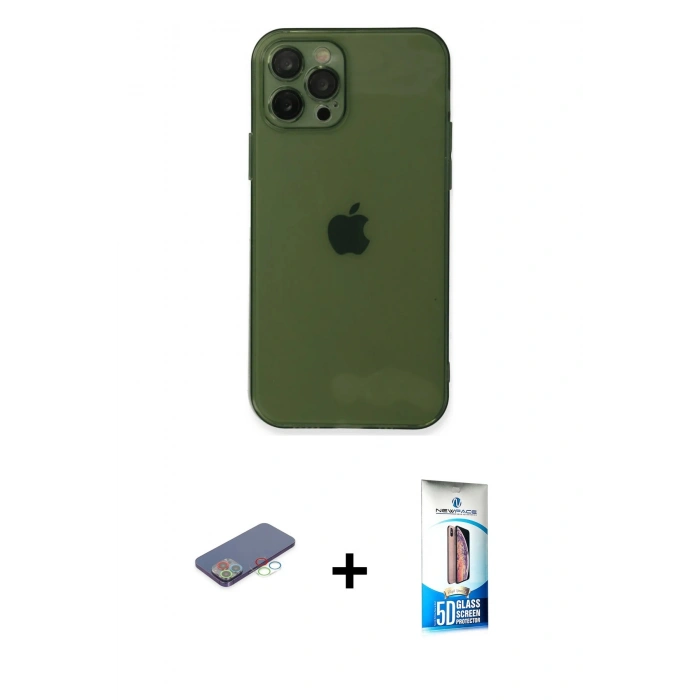 MARSİLYAN™- iPhone 12 Pro Max Kılıf Ahenk Doku - Siyah 5D Eko Cam Ekran Koruyucu + Renkli Kamera Lens Koruma Cam - MI