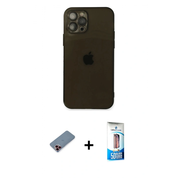 MARSİLYAN™- iPhone 12 Pro Max Kılıf Ahenk Doku - Siyah 5D Eko Cam Ekran Koruyucu + Metal Kamera Lens Koruma Cam - KI
