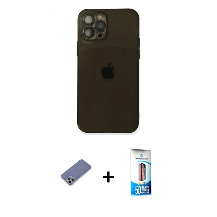 MARSİLYAN™- iPhone 12 Pro Max Kılıf Ahenk Doku - Siyah 5D Eko Cam Ekran Koruyucu + Metal Kamera Lens Koruma Cam - GD