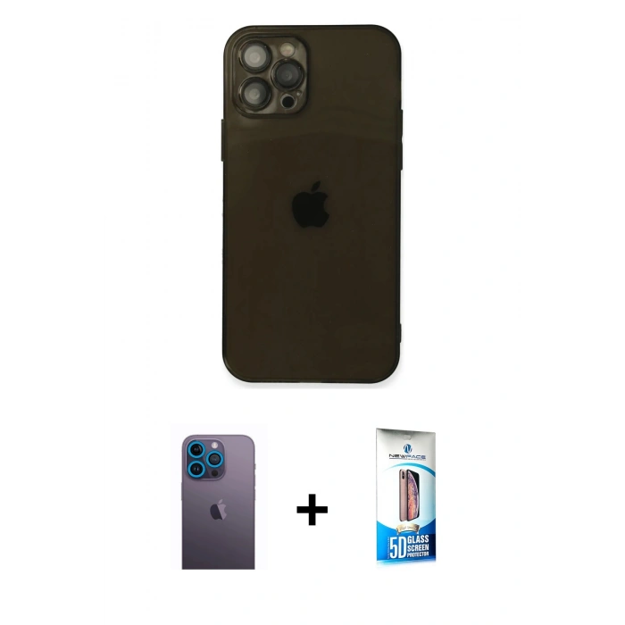 MARSİLYAN™- iPhone 12 Pro Max Kılıf Ahenk Doku - Siyah 5D Eko Cam Ekran Koruyucu + Neon Fosforlu Kamera Lens - MI