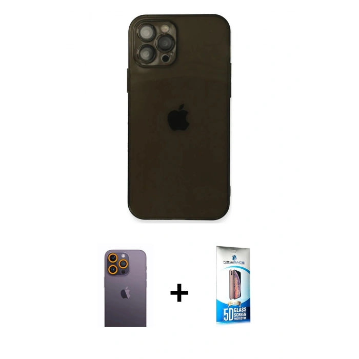 MARSİLYAN™- iPhone 12 Pro Max Kılıf Ahenk Doku - Siyah 5D Eko Cam Ekran Koruyucu + Neon Fosforlu Kamera Lens - SI