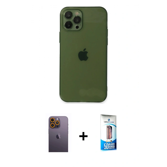MARSİLYAN™- iPhone 12 Pro Max Kılıf Ahenk Doku - Siyah 5D Eko Cam Ekran Koruyucu + Neon Fosforlu Kamera Lens - SI