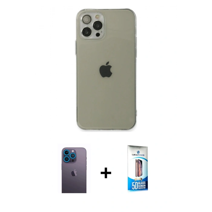MARSİLYAN™- iPhone 12 Pro Max Kılıf Ahenk Doku - Siyah 5D Eko Cam Ekran Koruyucu + Neon Fosforlu Kamera Lens - MI
