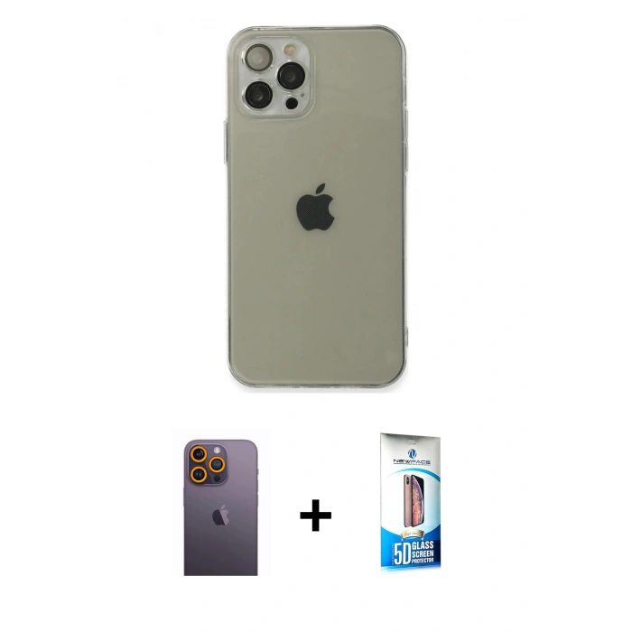 MARSİLYAN™- iPhone 12 Pro Max Kılıf Ahenk Doku - Siyah 5D Eko Cam Ekran Koruyucu + Neon Fosforlu Kamera Lens - SI