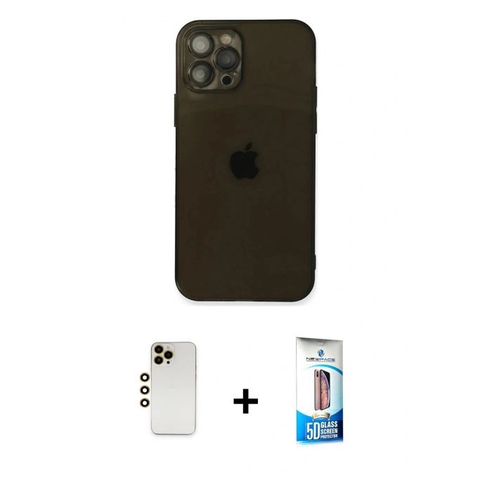 MARSİLYAN™- iPhone 12 Pro Max Kılıf Ahenk Doku - Siyah 5D Eko Cam Ekran Koruyucu + Shine Kamera Lens - GD