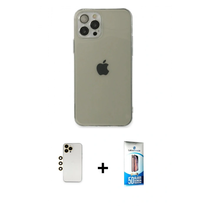MARSİLYAN™- iPhone 12 Pro Max Kılıf Ahenk Doku - Siyah 5D Eko Cam Ekran Koruyucu + Shine Kamera Lens - GD