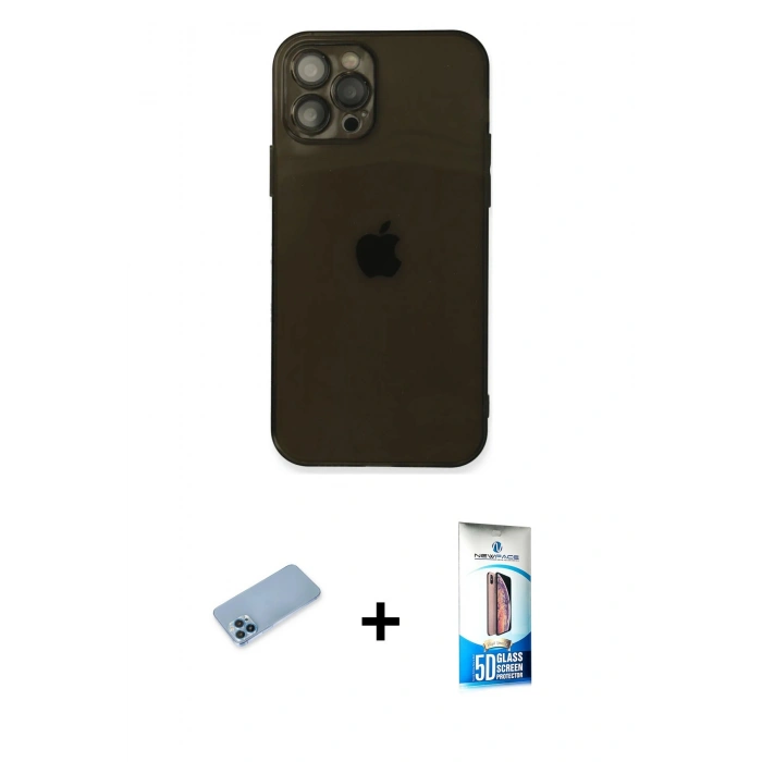 MARSİLYAN™- iPhone 12 Pro Max Kılıf Ahenk Doku - Siyah 5D Eko Cam Ekran Koruyucu + Shine Kamera Lens Koruma Cam - MI