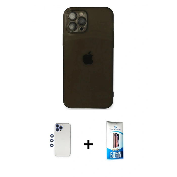 MARSİLYAN™- iPhone 12 Pro Max Kılıf Ahenk Doku - Siyah 5D Eko Cam Ekran Koruyucu + Shine Kamera Lens - LT