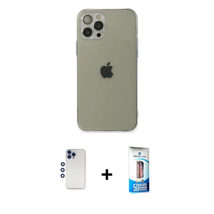 MARSİLYAN™- iPhone 12 Pro Max Kılıf Ahenk Doku - Siyah 5D Eko Cam Ekran Koruyucu + Shine Kamera Lens - LT