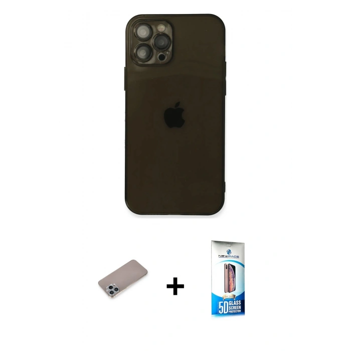 MARSİLYAN™- iPhone 12 Pro Max Kılıf Ahenk Doku - Siyah 5D Eko Cam Ekran Koruyucu + Shine Kamera Lens Koruma Cam - SABE