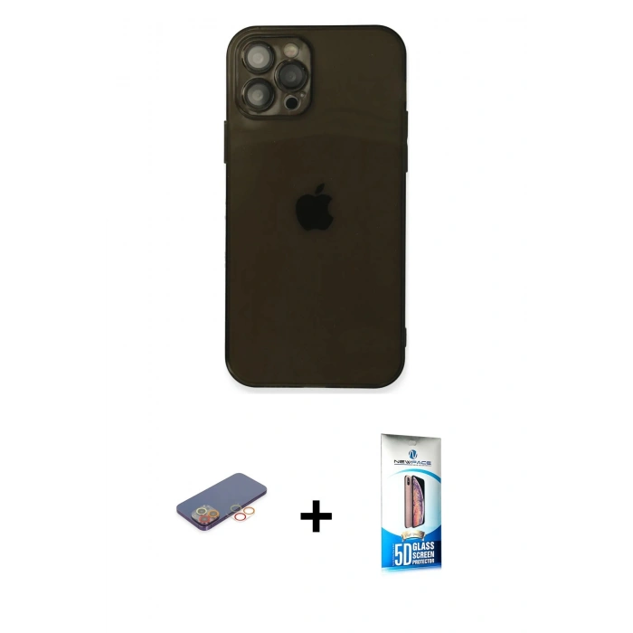 MARSİLYAN™- iPhone 12 Pro Max Kılıf Ahenk Doku - Siyah 5D Eko Cam Ekran Koruyucu + Renkli Kamera Lens Koruma Cam - TU