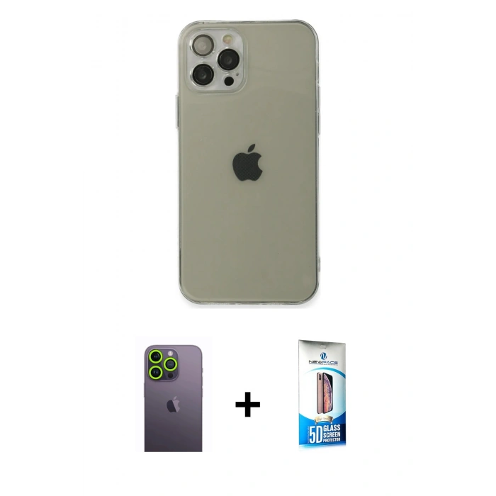 MARSİLYAN™- iPhone 12 Pro Max Kılıf Ahenk Doku - Siyah 5D Eko Cam Ekran Koruyucu + Neon Fosforlu Kamera Lens - YL