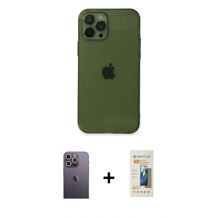MARSİLYAN™- iPhone 12 Pro Max Kılıf Ahenk Doku - Siyah 6D Mat Seramik Hayalet Nano Ekran Koruyucu + Neon Fosforlu Kamera Lens - BZ