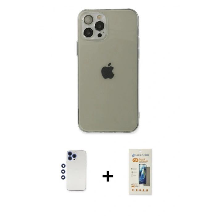 MARSİLYAN™- iPhone 12 Pro Max Kılıf Ahenk Doku - Siyah 6D Mat Seramik Hayalet Nano Ekran Koruyucu + Shine Kamera Lens - LT