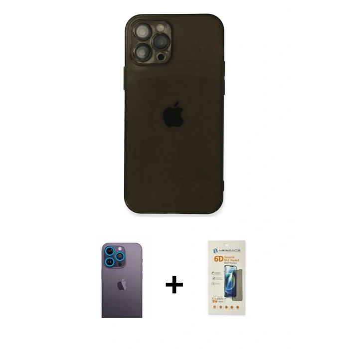 MARSİLYAN™- iPhone 12 Pro Max Kılıf Ahenk Doku - Siyah 6D Mat Seramik Hayalet Nano Ekran Koruyucu + Neon Fosforlu Kamera Lens - MI