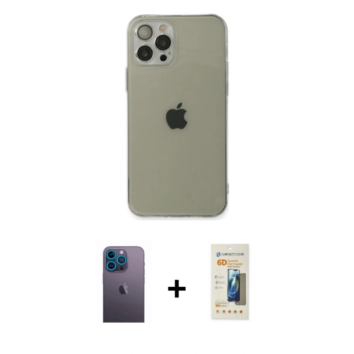 MARSİLYAN™- iPhone 12 Pro Max Kılıf Ahenk Doku - Siyah 6D Mat Seramik Hayalet Nano Ekran Koruyucu + Neon Fosforlu Kamera Lens - MI
