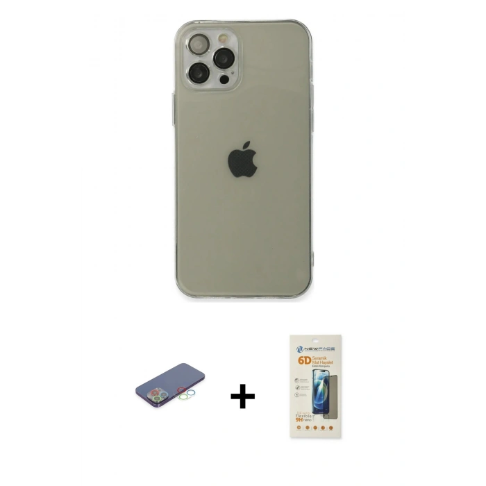 MARSİLYAN™- iPhone 12 Pro Max Kılıf Ahenk Doku - Siyah 6D Mat Seramik Hayalet Nano Ekran Koruyucu + Renkli Kamera Lens Koruma Cam - MI