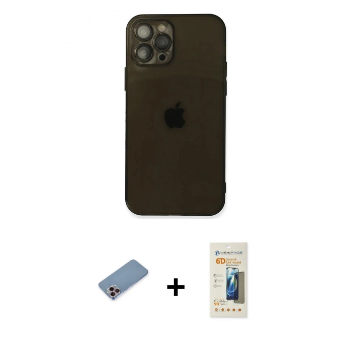 MARSİLYAN™- iPhone 12 Pro Max Kılıf Ahenk Doku - Siyah 6D Mat Seramik Hayalet Nano Ekran Koruyucu + Pembe Shine Kamera Lens Koruma Cam