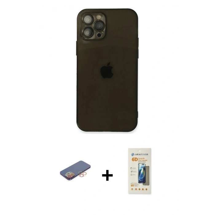 MARSİLYAN™- iPhone 12 Pro Max Kılıf Ahenk Doku - Siyah 6D Mat Seramik Hayalet Nano Ekran Koruyucu + Renkli Kamera Lens Koruma Cam - TU
