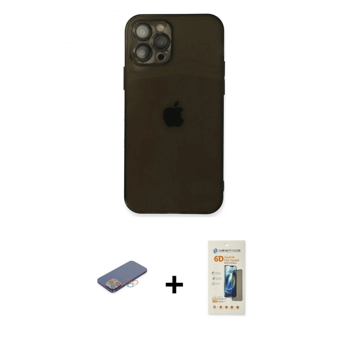 MARSİLYAN™- iPhone 12 Pro Max Kılıf Ahenk Doku - Siyah 6D Mat Seramik Hayalet Nano Ekran Koruyucu + Renkli Kamera Lens Koruma Cam - PE