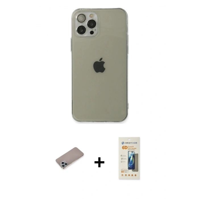 MARSİLYAN™- iPhone 12 Pro Max Kılıf Ahenk Doku - Siyah 6D Mat Seramik Hayalet Nano Ekran Koruyucu + Shine Kamera Lens Koruma Cam - SABE