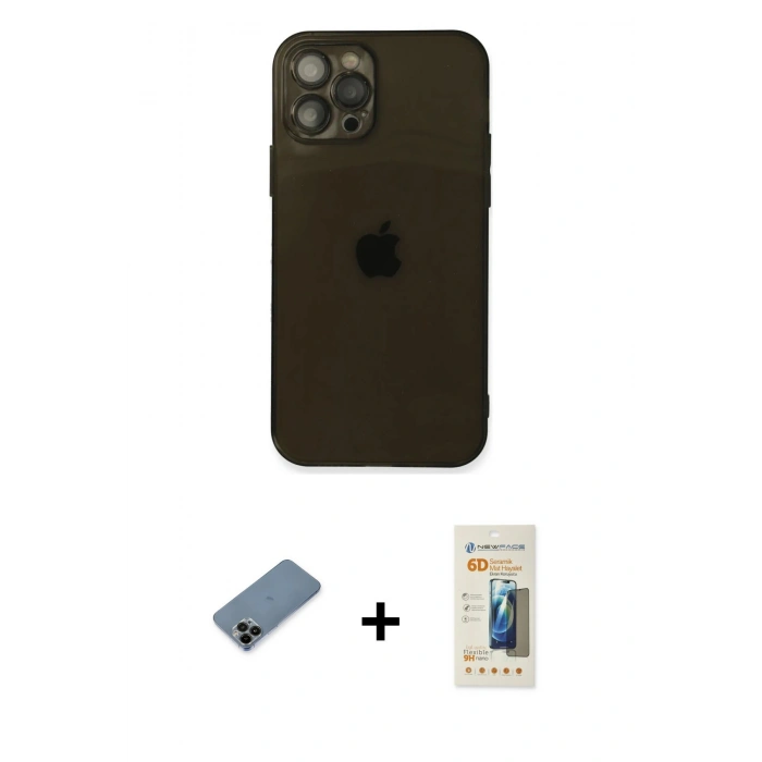 MARSİLYAN™- iPhone 12 Pro Max Kılıf Ahenk Doku - Siyah 6D Mat Seramik Hayalet Nano Ekran Koruyucu + Shine Kamera Lens Koruma Cam - SH