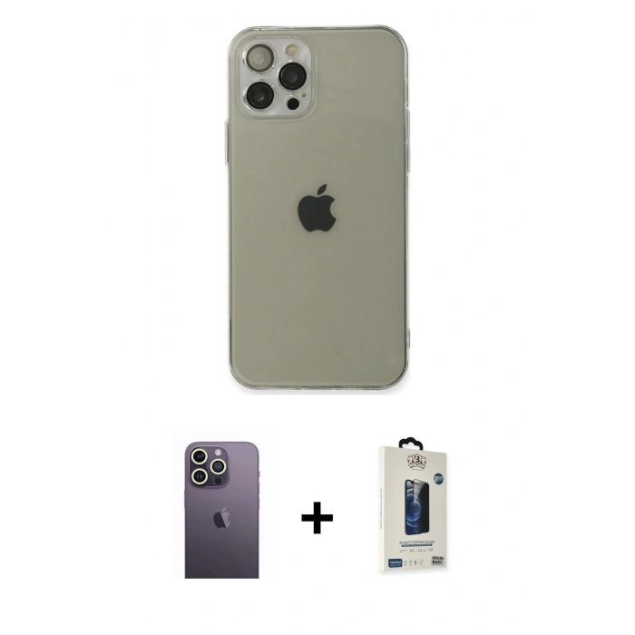 MARSİLYAN™- iPhone 12 Pro Max Kılıf Ahenk Doku - Siyah Bilvis Hayalet Cam Ekran Koruyucu + Neon Fosforlu Kamera Lens - BZ