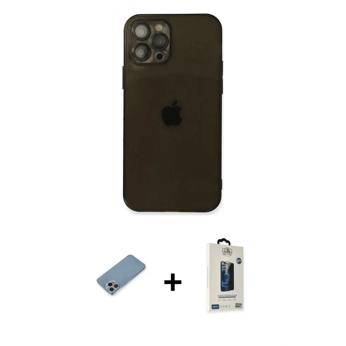 MARSİLYAN™- iPhone 12 Pro Max Kılıf Ahenk Doku - Siyah Bilvis Hayalet Cam Ekran Koruyucu + Shine Kamera Lens Koruma Cam - GI