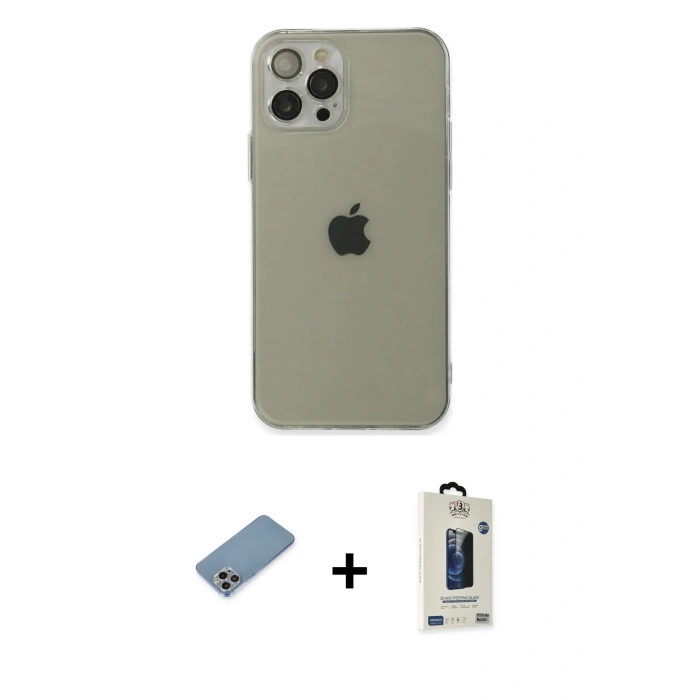 MARSİLYAN™- iPhone 12 Pro Max Kılıf Ahenk Doku - Siyah Bilvis Hayalet Cam Ekran Koruyucu + Shine Kamera Lens Koruma Cam - GI