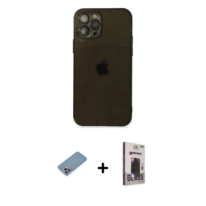 MARSİLYAN™- iPhone 12 Pro Max Kılıf Ahenk Doku - Siyah Bilvis Hayalet Cam Ekran Koruyucu + Shine Kamera Lens Koruma Cam - GI