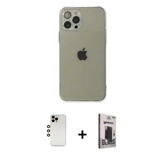 MARSİLYAN™- iPhone 12 Pro Max Kılıf Ahenk Doku - Siyah Bilvis Hayalet Cam Ekran Koruyucu + Shine Kamera Lens - GD