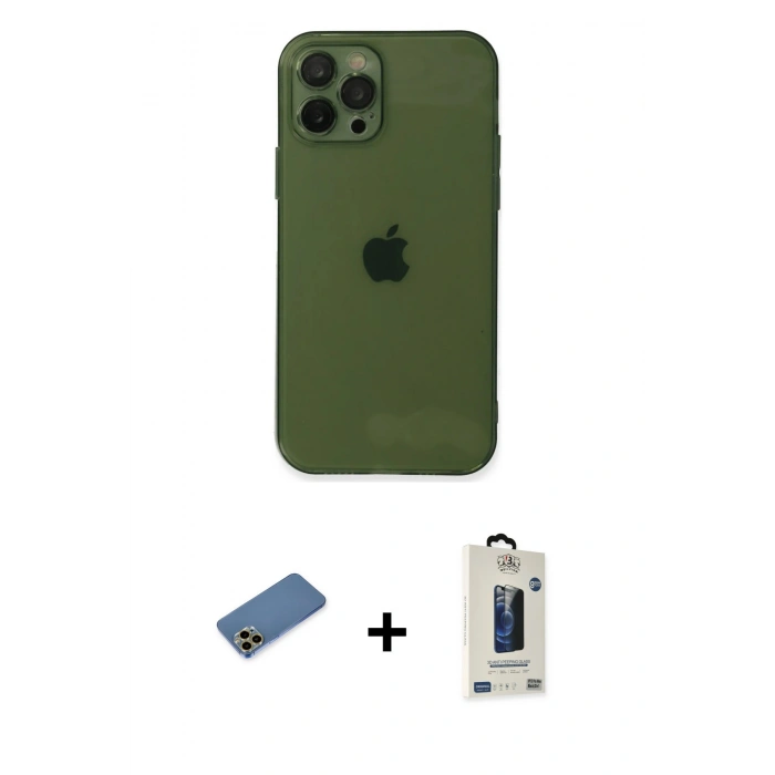 MARSİLYAN™- iPhone 12 Pro Max Kılıf Ahenk Doku - Siyah Bilvis Hayalet Cam Ekran Koruyucu + Shine Kamera Lens Koruma Cam - GD
