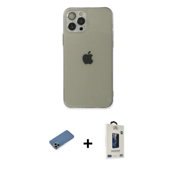 MARSİLYAN™- iPhone 12 Pro Max Kılıf Ahenk Doku - Siyah Bilvis Hayalet Cam Ekran Koruyucu + Shine Kamera Lens Koruma Cam - GD
