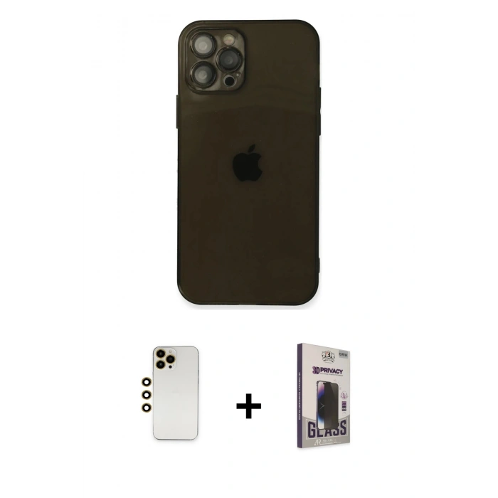 MARSİLYAN™- iPhone 12 Pro Max Kılıf Ahenk Doku - Siyah Bilvis Hayalet Cam Ekran Koruyucu + Shine Kamera Lens - GD