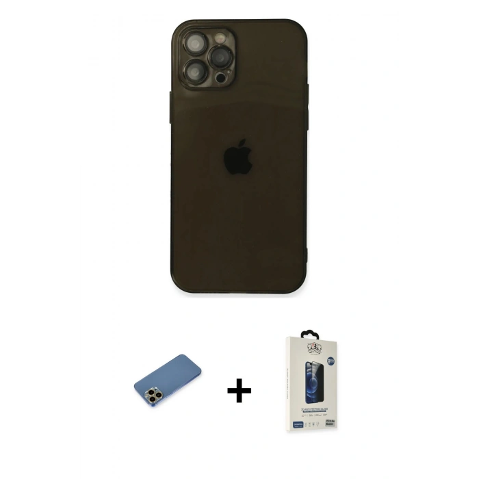 MARSİLYAN™- iPhone 12 Pro Max Kılıf Ahenk Doku - Siyah Bilvis Hayalet Cam Ekran Koruyucu + Shine Kamera Lens Koruma Cam - GD