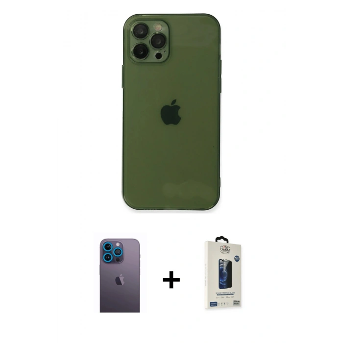 MARSİLYAN™- iPhone 12 Pro Max Kılıf Ahenk Doku - Siyah Bilvis Hayalet Cam Ekran Koruyucu + Neon Fosforlu Kamera Lens - MI