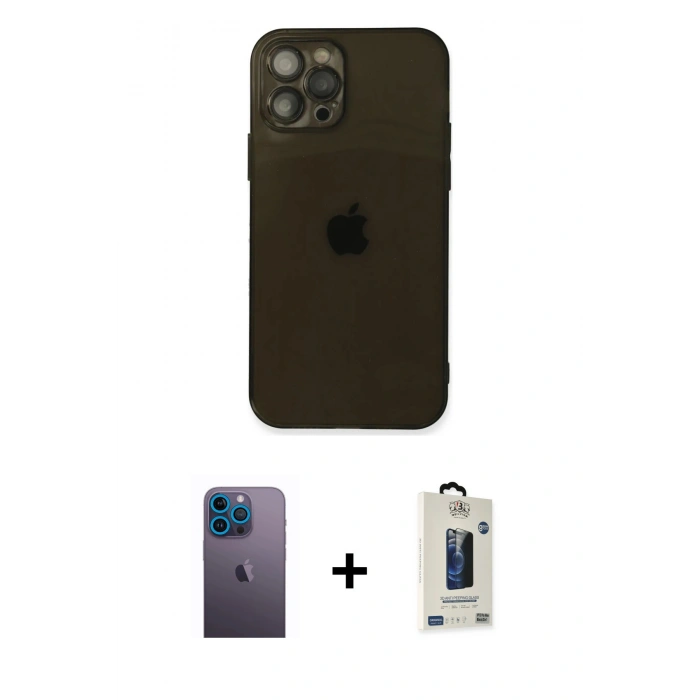 MARSİLYAN™- iPhone 12 Pro Max Kılıf Ahenk Doku - Siyah Bilvis Hayalet Cam Ekran Koruyucu + Neon Fosforlu Kamera Lens - MI