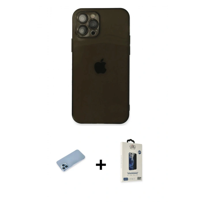 MARSİLYAN™- iPhone 12 Pro Max Kılıf Ahenk Doku - Siyah Bilvis Hayalet Cam Ekran Koruyucu + Shine Kamera Lens Koruma Cam - MI