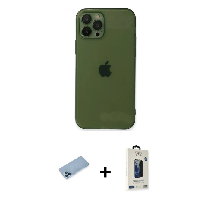 MARSİLYAN™- iPhone 12 Pro Max Kılıf Ahenk Doku - Siyah Bilvis Hayalet Cam Ekran Koruyucu + Shine Kamera Lens Koruma Cam - MI