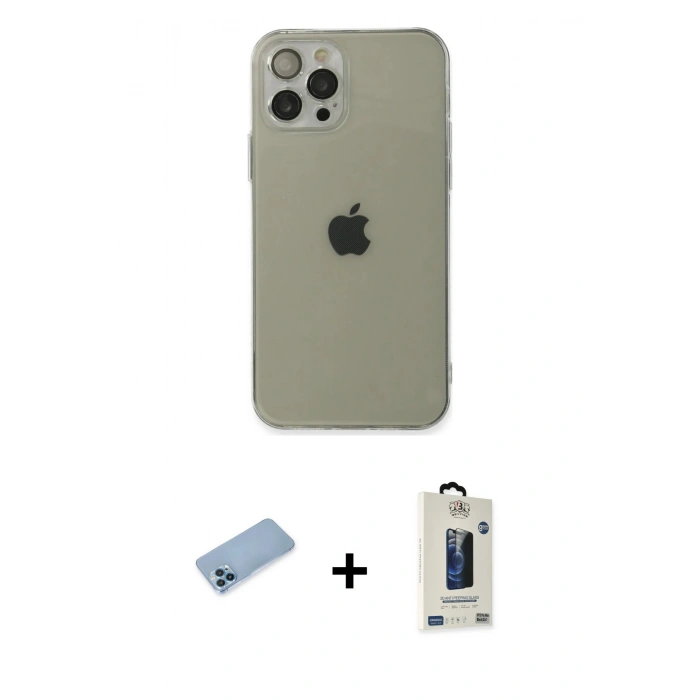 MARSİLYAN™- iPhone 12 Pro Max Kılıf Ahenk Doku - Siyah Bilvis Hayalet Cam Ekran Koruyucu + Shine Kamera Lens Koruma Cam - MI