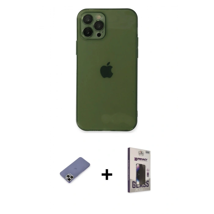 MARSİLYAN™- iPhone 12 Pro Max Kılıf Ahenk Doku - Siyah Bilvis Hayalet Cam Ekran Koruyucu + Metal Kamera Lens Koruma Cam - GD