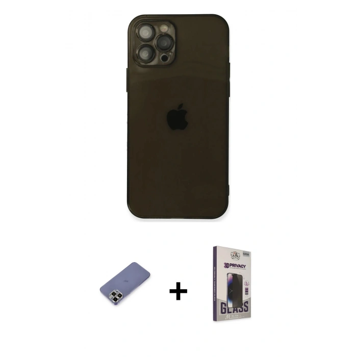 MARSİLYAN™- iPhone 12 Pro Max Kılıf Ahenk Doku - Siyah Bilvis Hayalet Cam Ekran Koruyucu + Metal Kamera Lens Koruma Cam - GD