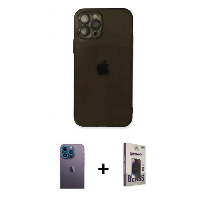 MARSİLYAN™- iPhone 12 Pro Max Kılıf Ahenk Doku - Siyah Bilvis Hayalet Cam Ekran Koruyucu + Neon Fosforlu Kamera Lens - MI