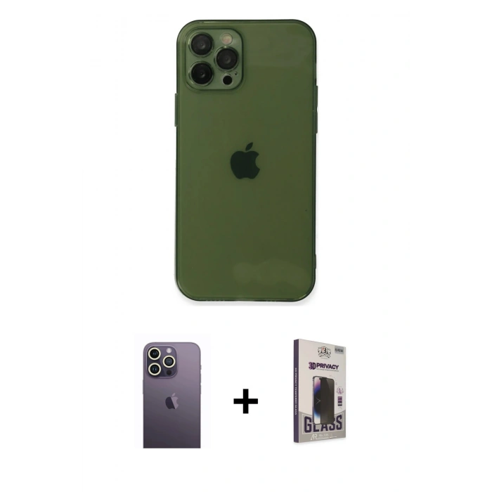 MARSİLYAN™- iPhone 12 Pro Max Kılıf Ahenk Doku - Siyah Bilvis Hayalet Cam Ekran Koruyucu + Neon Fosforlu Kamera Lens - BZ
