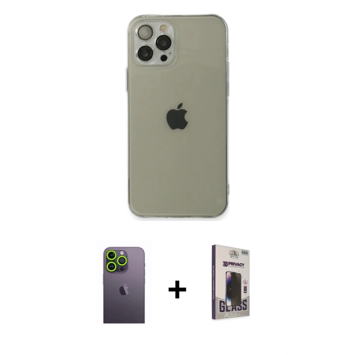 MARSİLYAN™- iPhone 12 Pro Max Kılıf Ahenk Doku - Siyah Bilvis Hayalet Cam Ekran Koruyucu + Neon Fosforlu Kamera Lens - YL