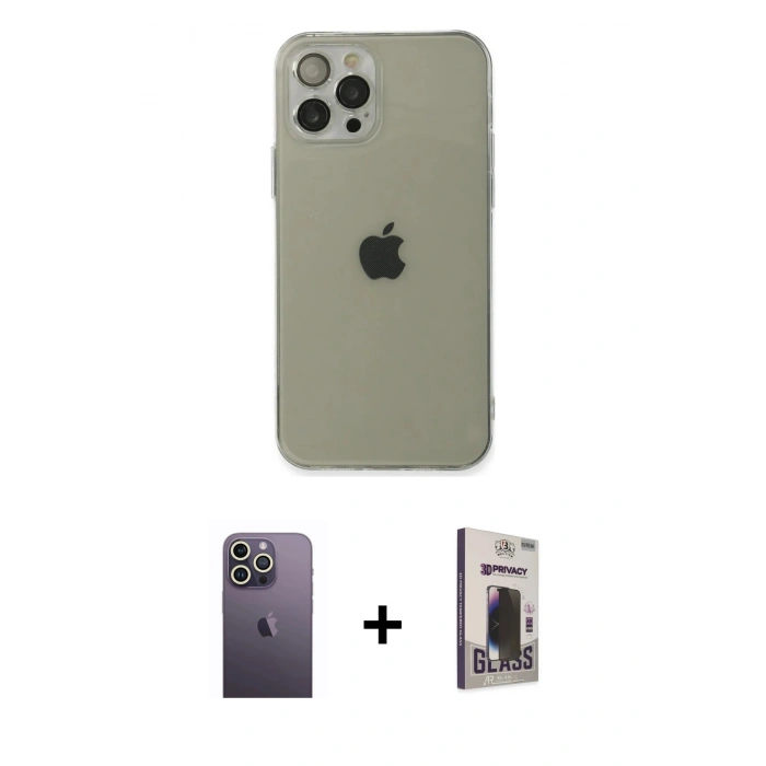 MARSİLYAN™- iPhone 12 Pro Max Kılıf Ahenk Doku - Siyah Bilvis Hayalet Cam Ekran Koruyucu + Neon Fosforlu Kamera Lens - BZ